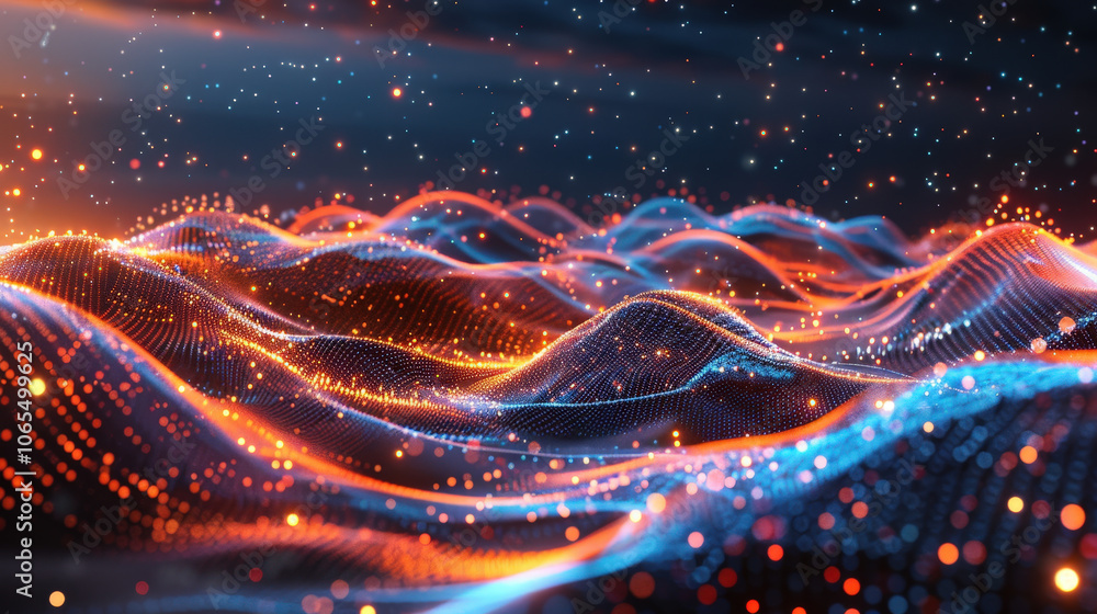 Poster mesmerizing digital landscape featuring smoothly flowing waves of light and color, creating high tec