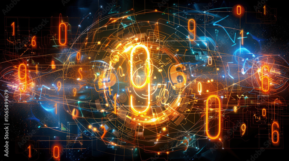 Poster mesmerizing display of smoothly flowing numbers in high tech digital environment, showcasing vibrant