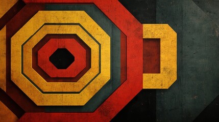 Vintage Sci-Fi: Deep red and mustard yellow hexagonal prisms, layered in a retro-futuristic style.