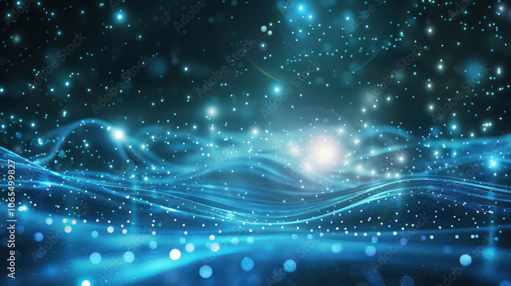 Poster smoothly waving particle lines create mesmerizing futuristic design, evoking sense of tranquility an