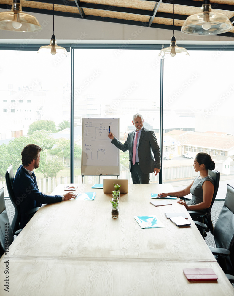 Poster teaching, presentation and mature business man in meeting for ux workshop, planning and marketing fu