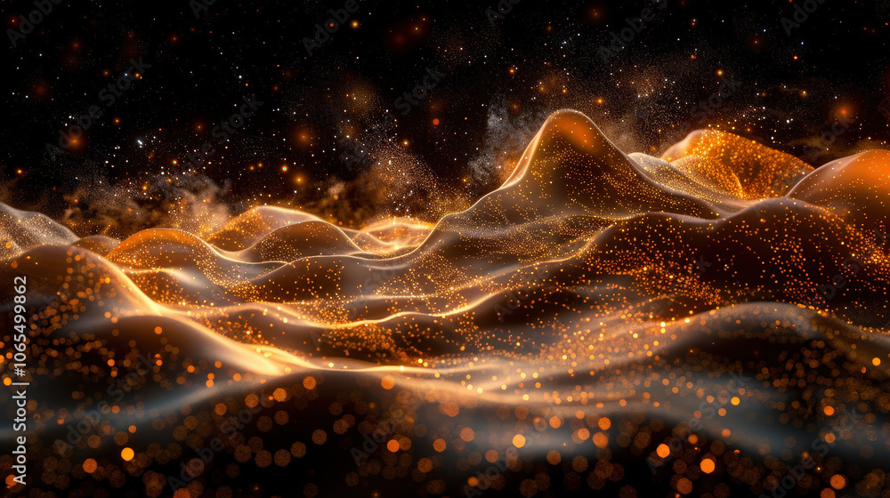 Poster mesmerizing landscape of soft curves and flowing dots creates wave motion effect, illuminated by war