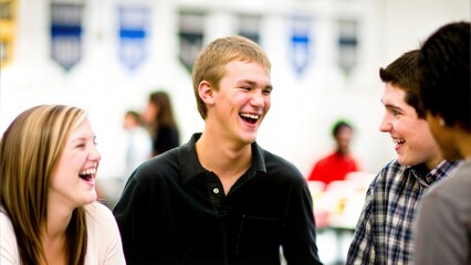 A nostalgic blur from a high school reunion, with friends reuniting and sharing laughs.

