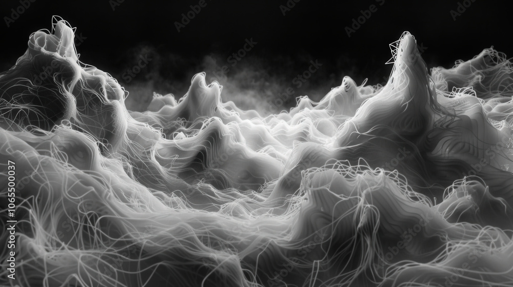 Poster soft lines of particles create mesmerizing wave motion over dark background, evoking sense of depth 