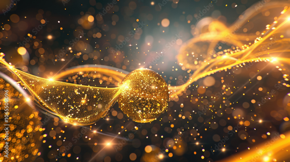 Poster golden particles create mesmerizing wave motion, shimmering against dark background. soft lines and 