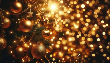 Close-up of a beautifully decorated Christmas tree adorned with golden ornaments, sparkling lights, and delicate beads. The warm bokeh effect creates a festive ambiance.