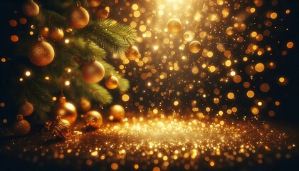 Golden holiday ornaments hanging on a Christmas tree branch, surrounded by a magical glow and bokeh lights. A beautiful, festive scene full of warmth and elegance.