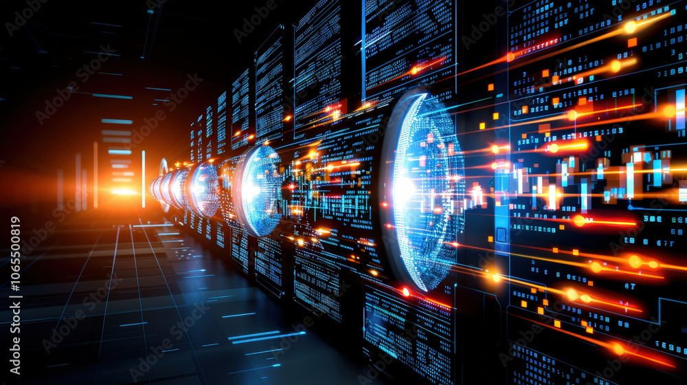 Poster vibrant stream of data flows across blue background, showcasing futuristic digital landscape filled 