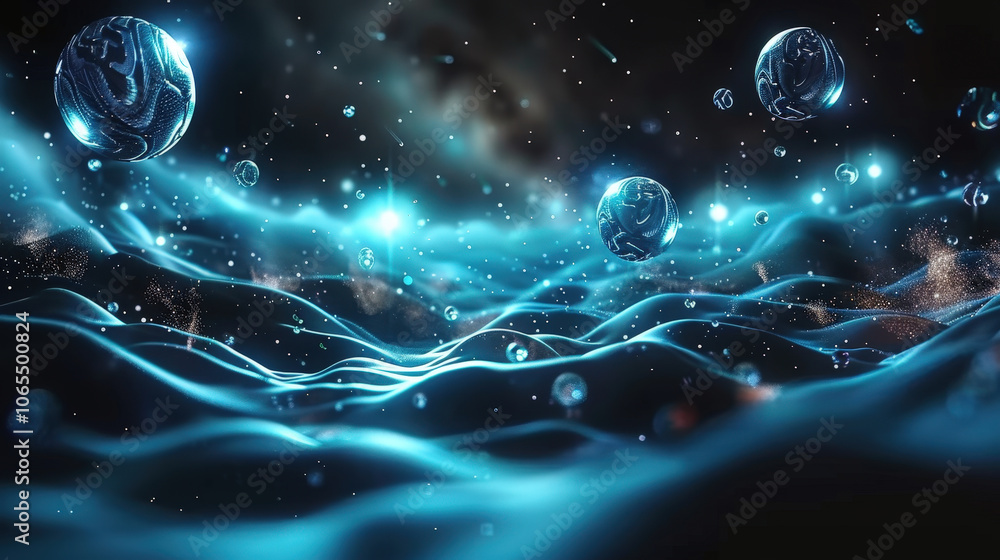 Aufkleber mesmerizing scene of flowing particles in wave form, featuring luminous spheres and sparkling drople