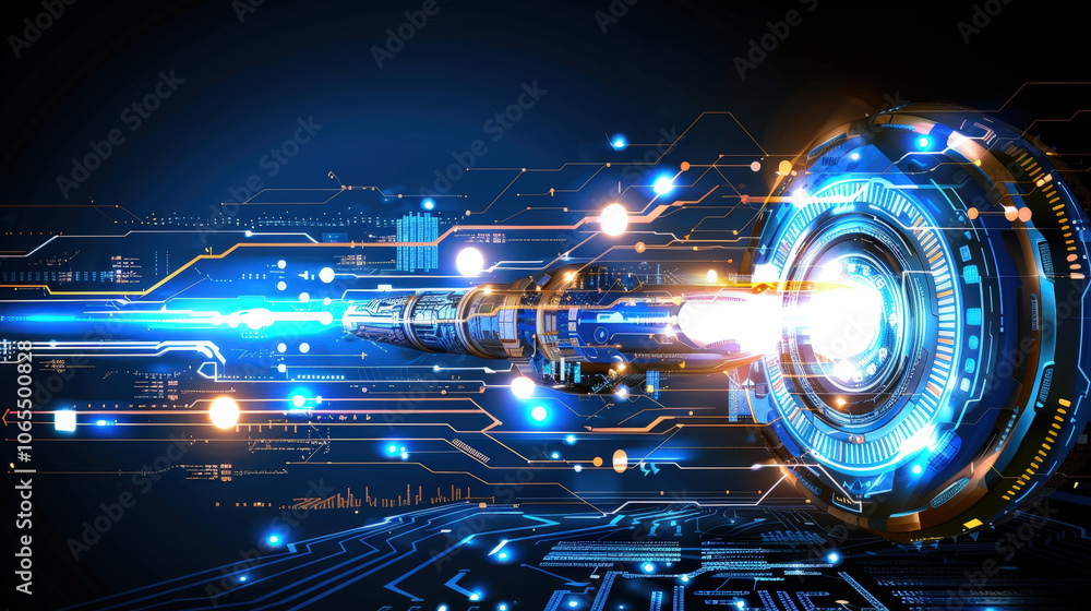 Poster futuristic technology concept featuring glowing energy beam and circuit patterns, symbolizing advanc