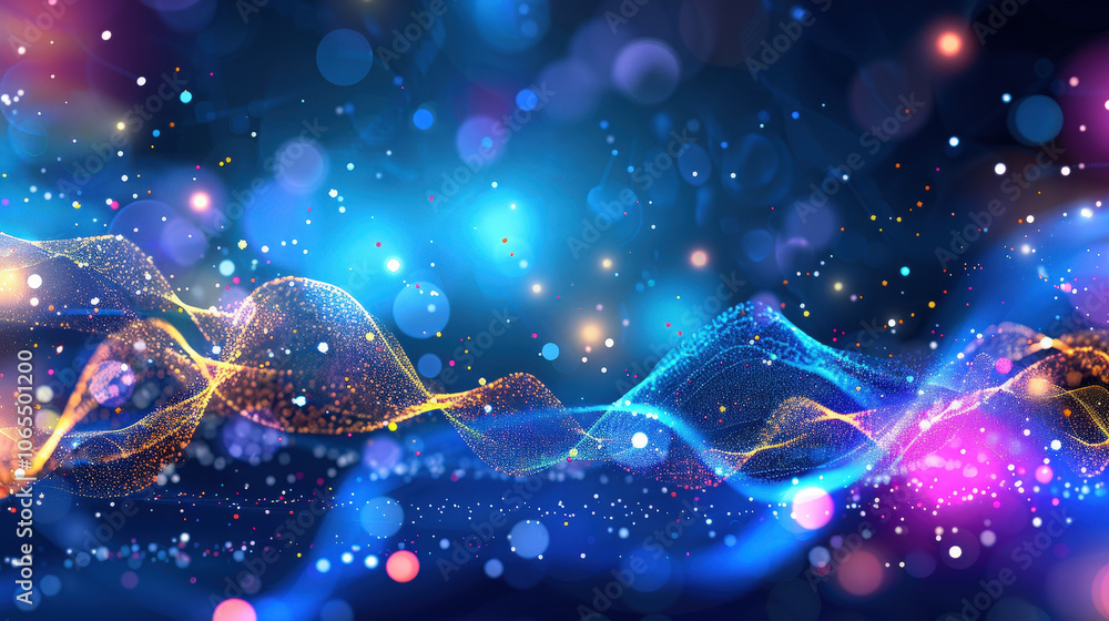 Poster subtle movement of colorful dots forming wave flow effect creates mesmerizing visual experience. vib