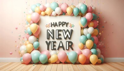 Festive New Year celebration scene with pastel balloons in pink, mint, and yellow framing a "Happy New Year" sign. Ideal for New Year’s decorations, party, and event themes.