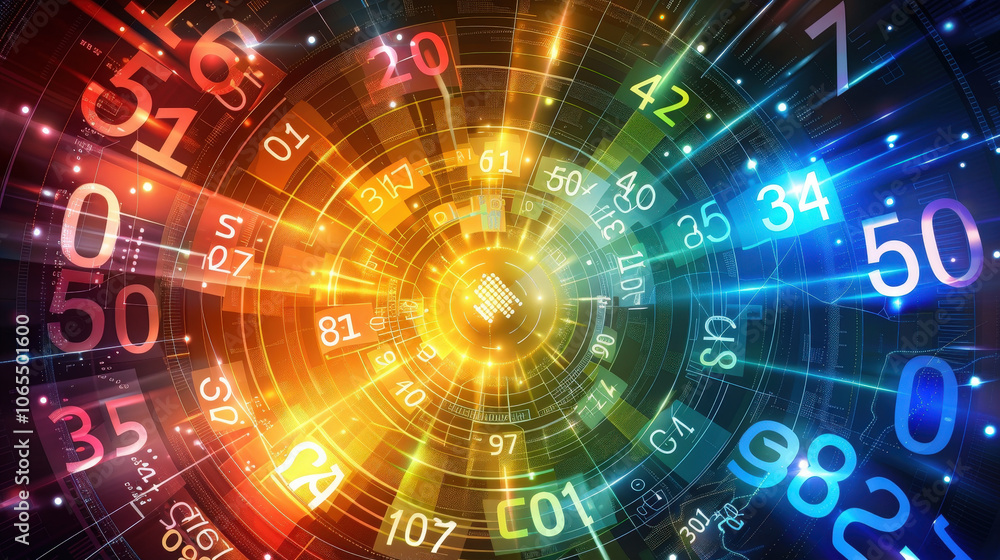 Aufkleber dynamic background featuring floating numbers in vibrant colors, creating tech inspired atmosphere. 