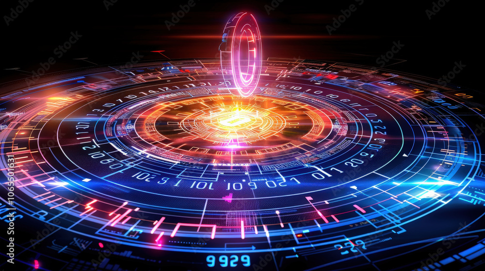 Poster vibrant, tech inspired background featuring floating numbers and glowing circular patterns, evoking 