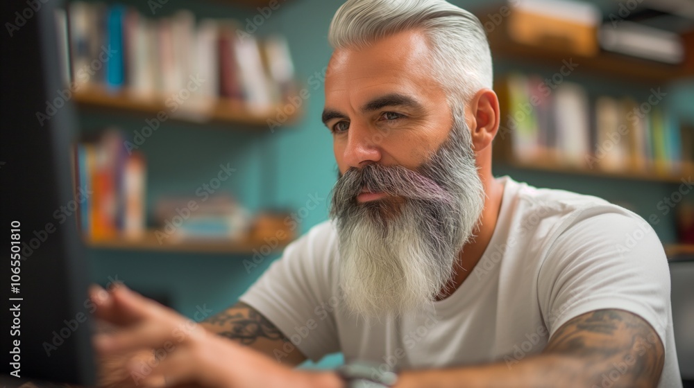 Poster man with gray beard focused on computer screen, sitting in a modern workspace with books in the back