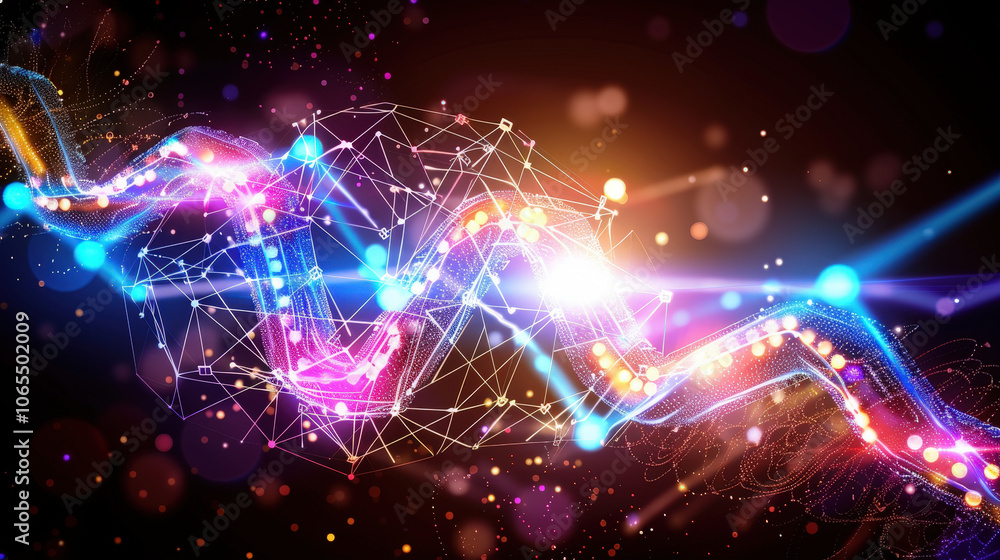 Poster vibrant and dynamic abstract representation of circuit grid pattern, showcasing colorful light trail