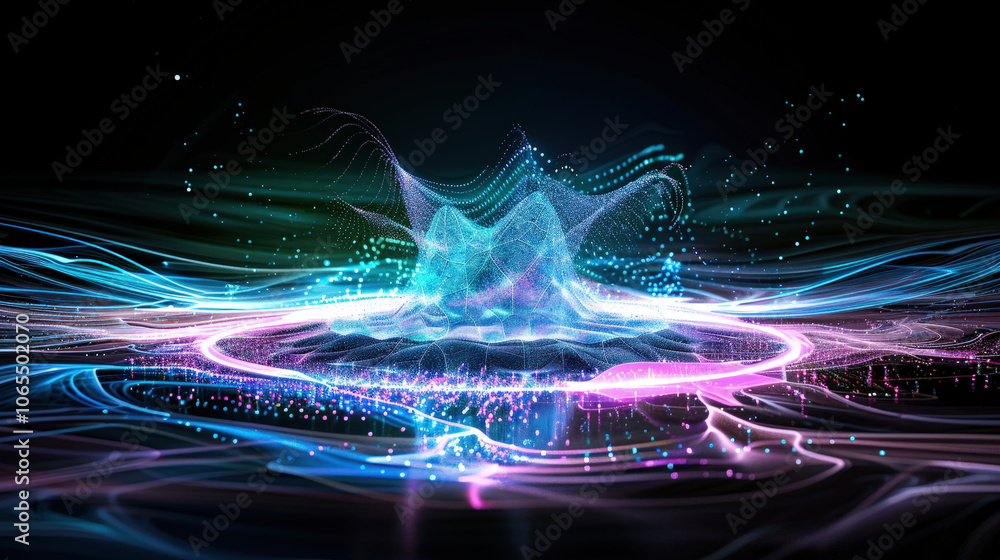 Poster dynamic abstract visualization with vibrant colors and flowing light patterns, showcasing technology