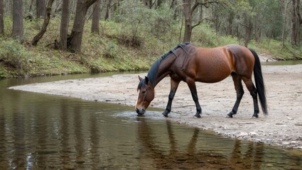 A brown horse drinking water from a calm river surrounded by trees in a serene natural setting