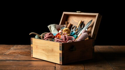 Fototapeta premium A well-worn wooden box overflowing with colorful yarn, beads, scissors, and a small knife, revealing a hidden world of creative possibilities.