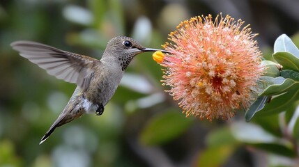 Fototapeta premium A hummingbird hovers in mid-air, feeding on nectar from a vibrant orange flower.