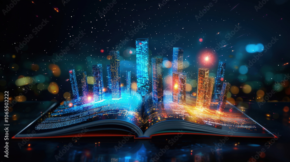 Aufkleber vibrant digital cityscape emerges from open book, symbolizing innovation and creativity. glowing sky