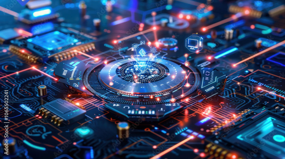 Poster digital technology circuit board with glowing elements and data visualization
