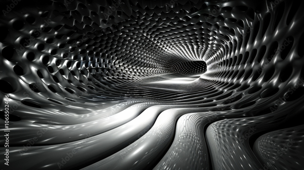 Poster mesmerizing abstract design featuring flowing, rhythmic patterns in dark, textured environment. inte
