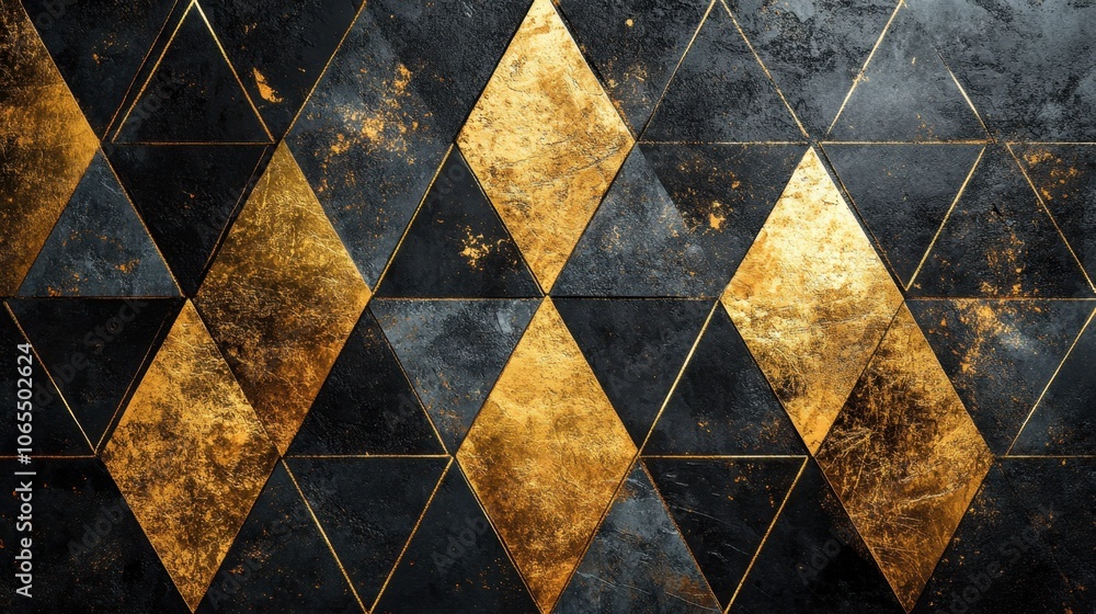 Poster minimalist scene: matte black and gold triangle patterns overlayed with thin, intersecting lines, on