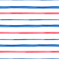 Seamless pattern with blue and red watercolor stripes of different thickness. Watercolor illustration for textile design as a companion, decoration of holidays in a marine style, sea restaurants