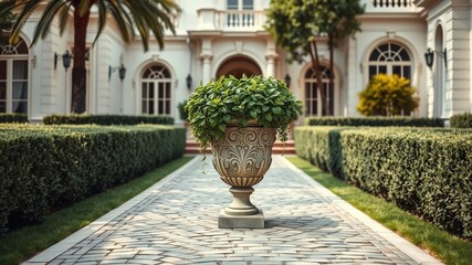 Obraz premium Ornate Stone Planter with Lush Greenery, Centered on a Cobblestone Pathway, Leading to a Classic White Mansion with Greenery