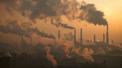 Obraz premium Factory with smokestacks releasing thick air pollution into the sky