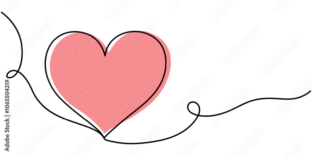 Poster heart and love sign in continuous one line drawing. thin flourish and romantic symbol in simple line