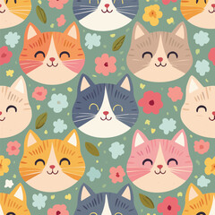Cute cat head hand drawn seamless pattern
