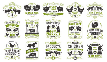 Organic farm fresh products logo set
