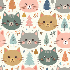 Cute cat head hand drawn seamless pattern