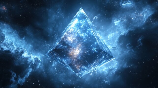 A glowing tetrahedron with deep blue hues, floating in a nebula-like backdrop 