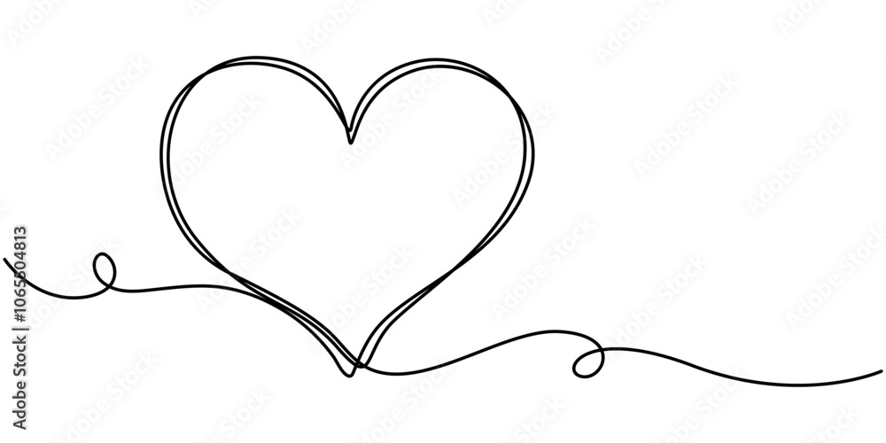 Poster heart and love sign in continuous one line drawing. thin flourish and romantic symbol in simple line