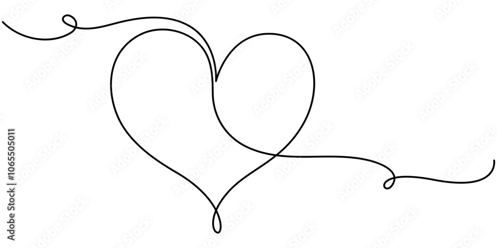 Poster heart and love sign in continuous one line drawing. thin flourish and romantic symbol in simple line