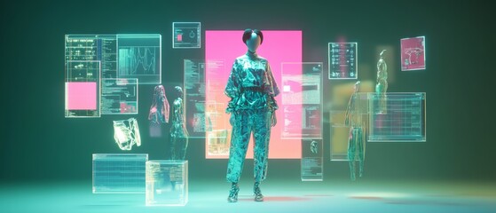 Obraz premium A futuristic and harmonious scene representing the creation of a fashion piece through the collaboration of various digital platforms
