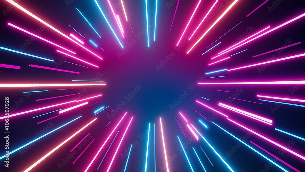 Poster abstract neon lights in a radial pattern on a dark background.