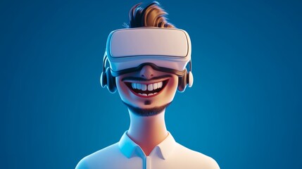 a smiling cartoon man with a white virtual reality headset blue background, in the style of vray tracing, simplified and stylized portraits,  