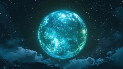 A fluorescent green and electric blue sphere, floating against a starry black background 