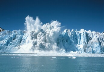 Glacier breaking off into ocean with splashing water and penguins
