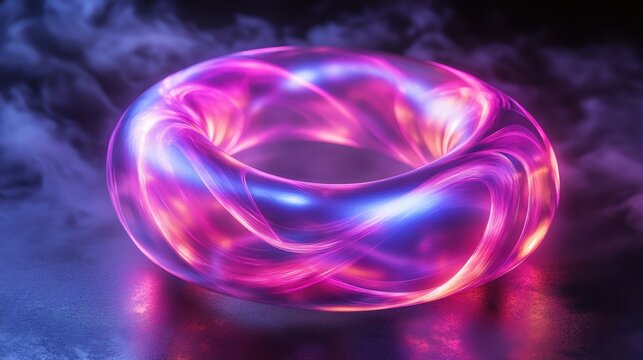 A neon pink and purple torus, floating in a dark misty environment, glowing sci-fi look