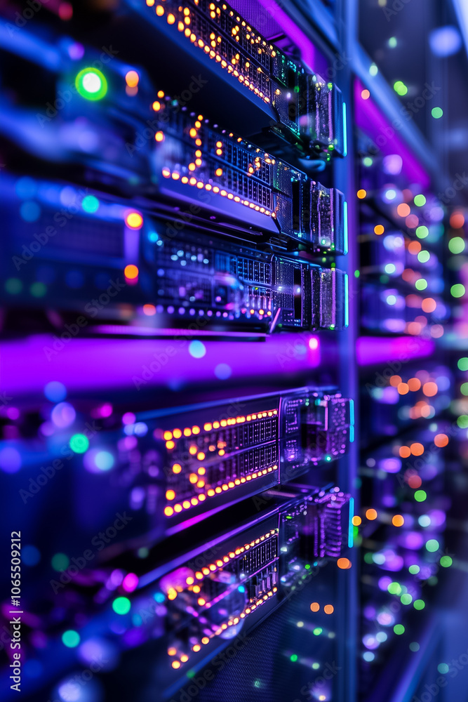 Poster a high-tech data center showcasing colorful server lights and complex wiring at work in an advanced 