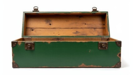 Open ammo box, ammunition wooden box with visible interior and rugged military finish on a light background