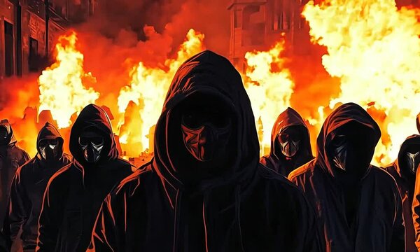 A violent riot or street fight of criminal gangs or extremists, faces in shadows, black clothes and hoods, fire and flames in the background, looting