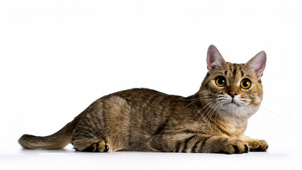 Fototapeta premium Beautiful domestic young cat lies on white background.