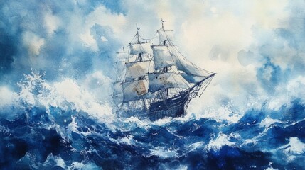 Obraz premium Watercolor Painting of a Sailboat Navigating Stormy Seas