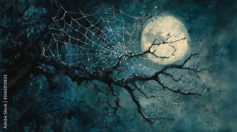 Poster a full moon shines through a spiderweb on a bare branch